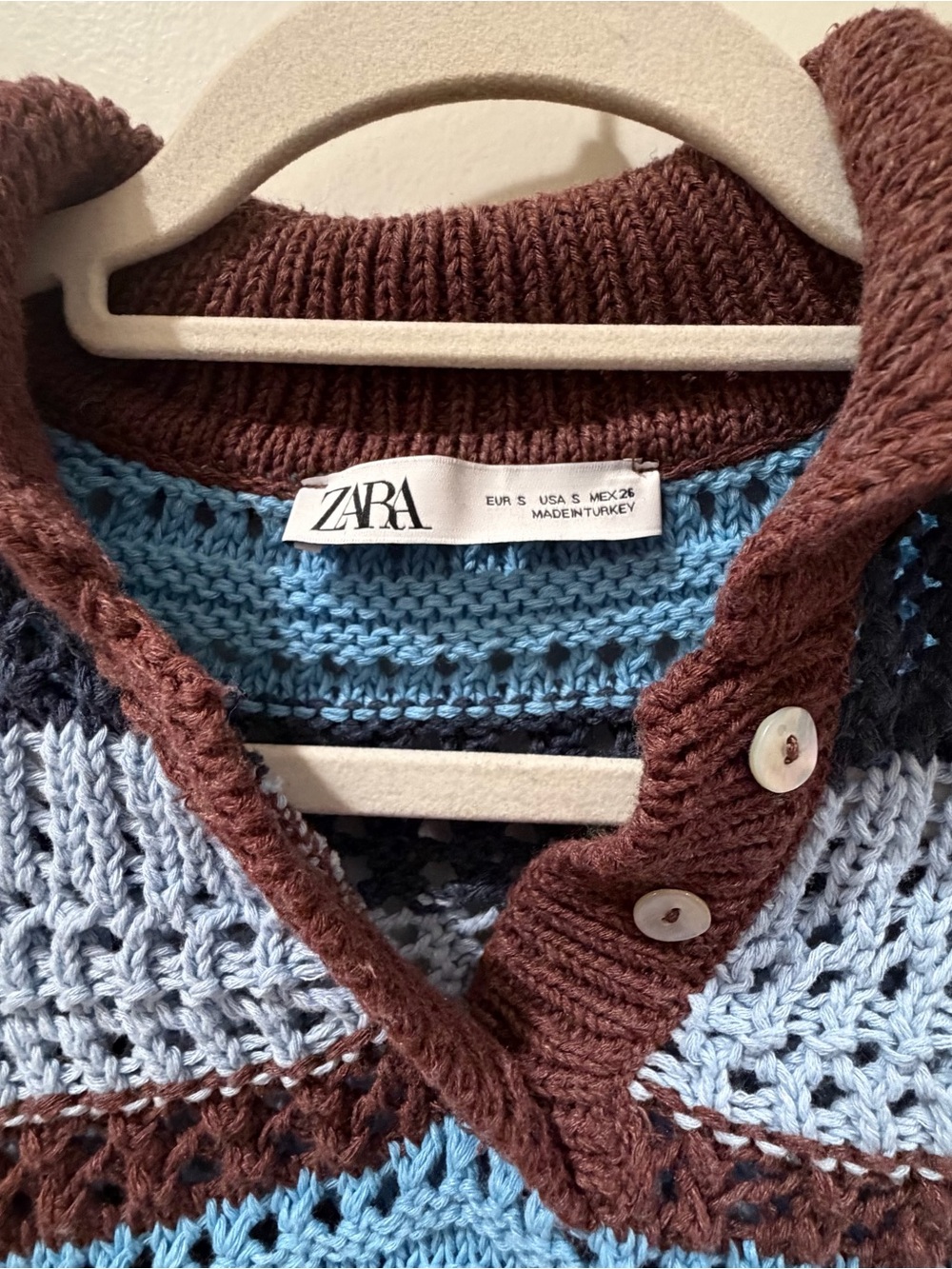 Zara Brown and Light Blue Striped Crochet Polo Top - Picture 2 of 4
